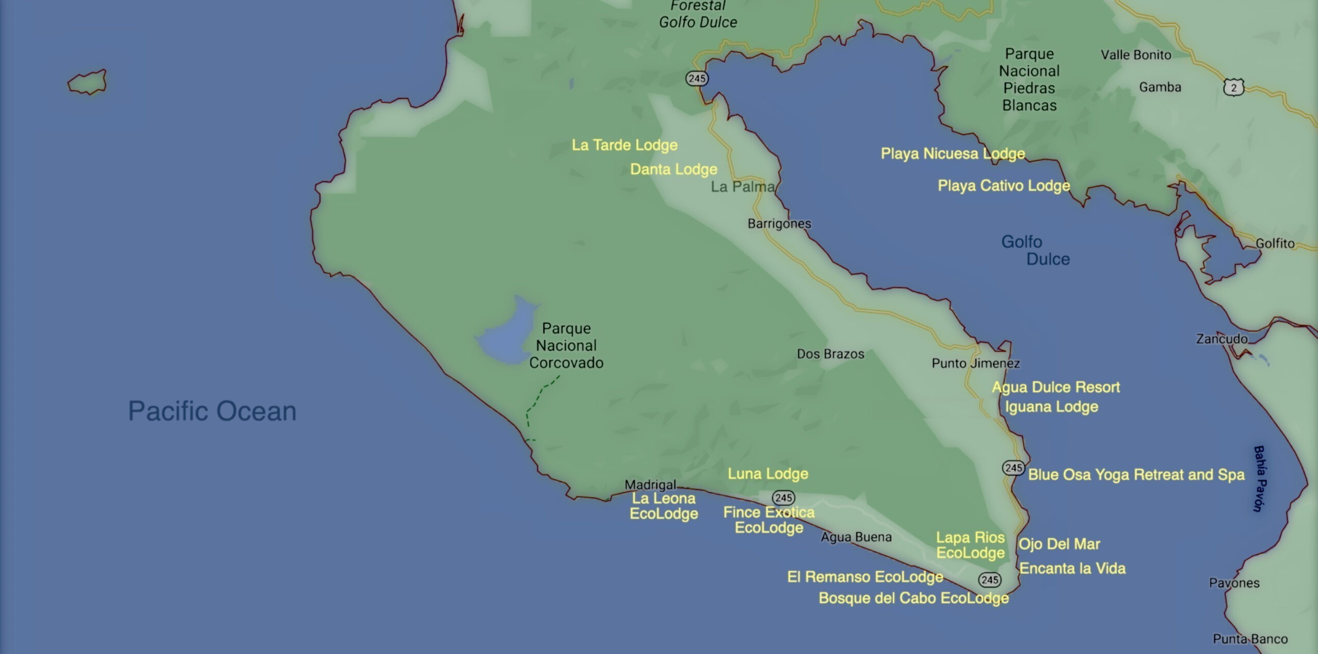 Osa Peninsula Accommodation Map
